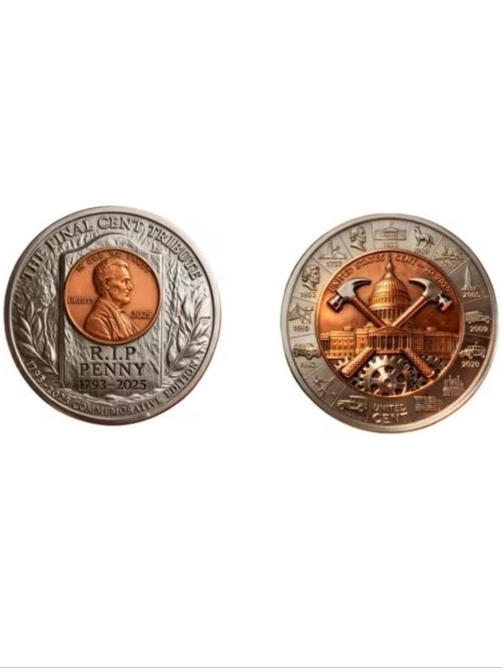 2 New 2025 Collectable Final Cent Tribute Coins In Plastic Capsules